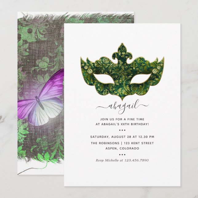 Invitation Mardi GrasFête d'anniversaire des papillons tropic (Devant / Derrière)