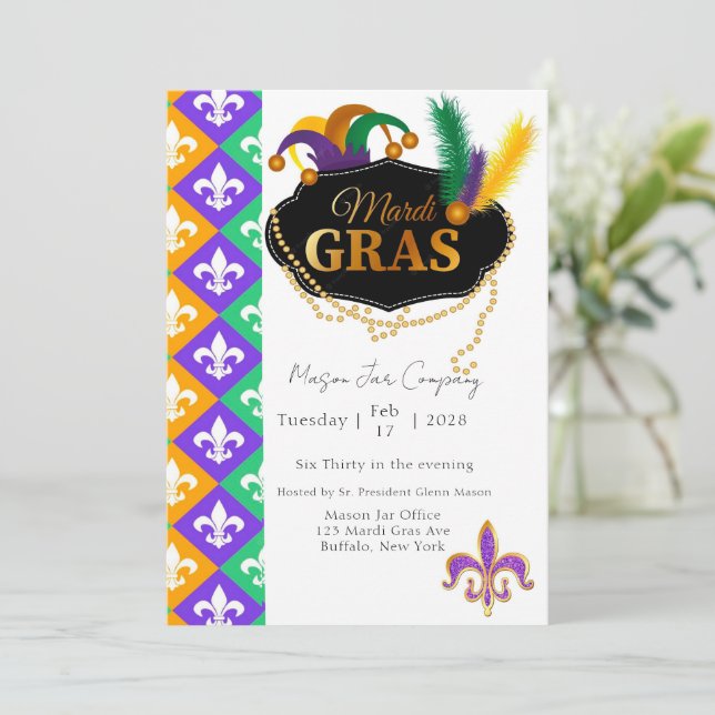 Invitation Mardi Grass Fleur de Lis Entreprise Fête Invitatio (Debout devant)
