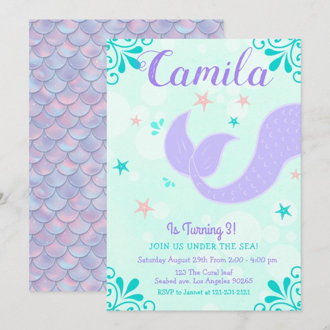 Invitation Marée de sirène Anniversaire sous la mer violet Tu (Devant / Derrière)