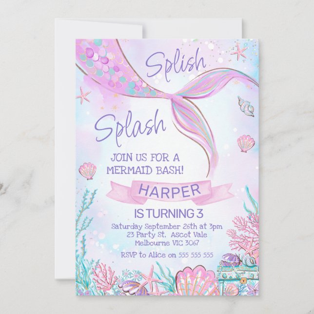 Invitation Marée de sirène rose sous la mer Anniversaire (Devant)