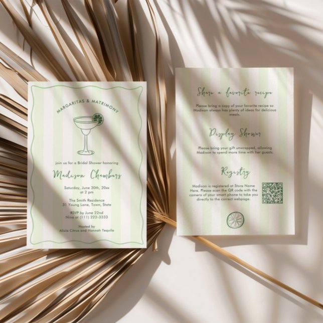 Invitation Margaritas Et Fête des mariées Matrimoniale Dessin (Double sided trendy handwritten font Margaritas and Matrimony bridal shower invitation with QR code)