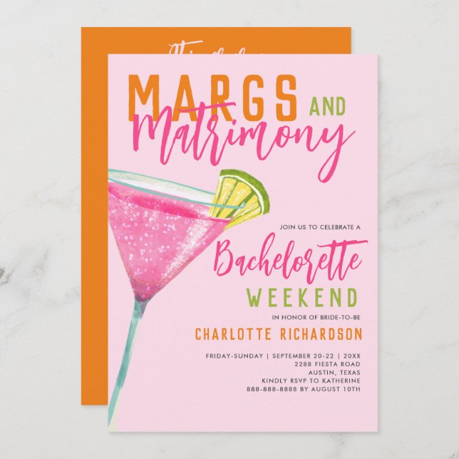 Invitation Marges & Mariage Margaritas Bachelorette Week-end (Devant / Derrière)