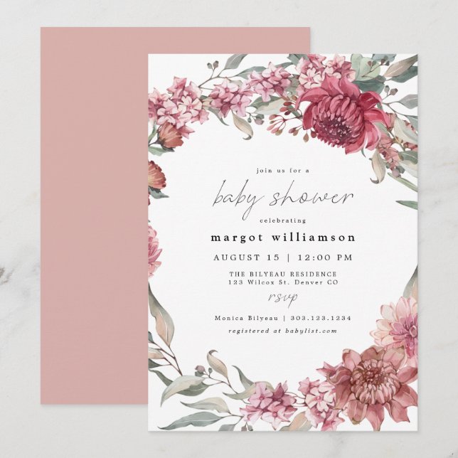 Invitation MARGOT Rustic Dusty Rose Blush Girl Baby shower da (Devant / Derrière)
