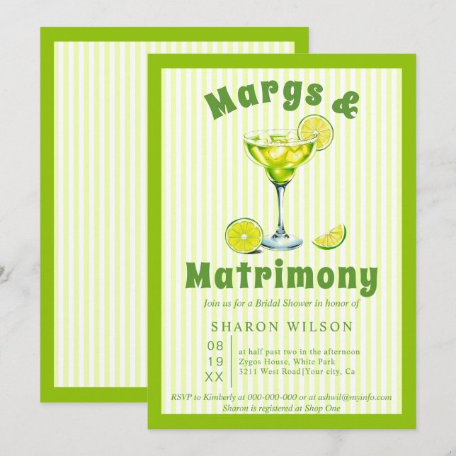 Invitation Margs & Mariage cocktail vert nuptiale douche (Devant / Derrière)