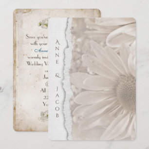 Invitation marguerite mariage en sépia avec bord de papier dé