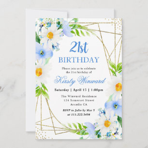 Invitation Marguerites Aquarelle Fleurs Bleues 21e Anniversai