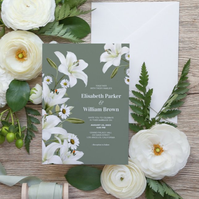 Invitation Marguerites Et Lys Blancs Fond Vert Mariage  (Créateur téléchargé)