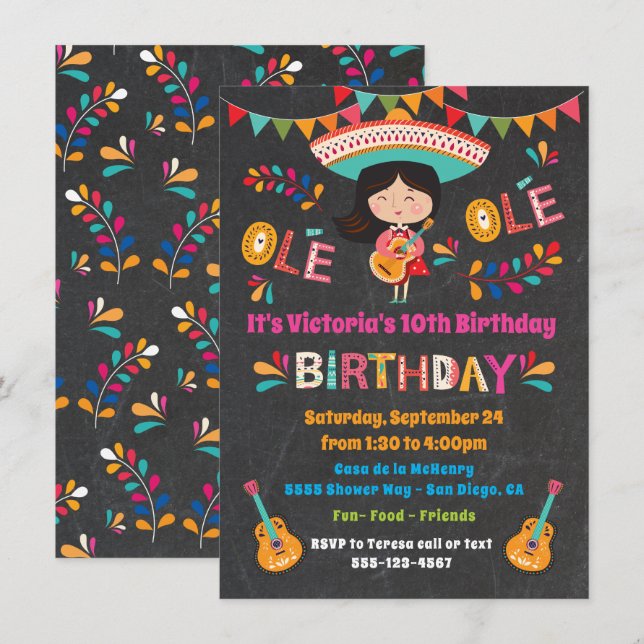 Invitation Mariachi Fille Mexicaine Fête d'anniversaire (Devant / Derrière)