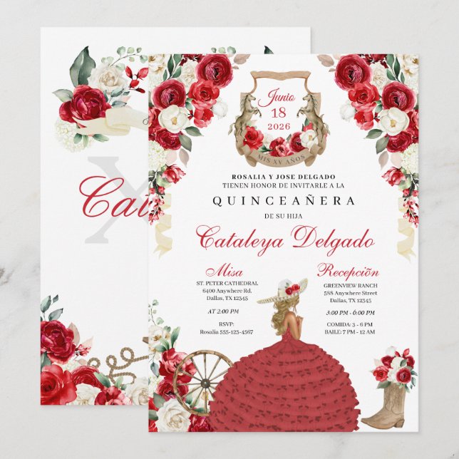 Invitation Mariachi Ouest Roses rouges Charro Quinceañera (Devant / Derrière)