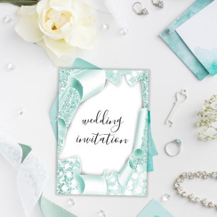 Invitation Mariage 3D Effet blanc Mint vert cadre