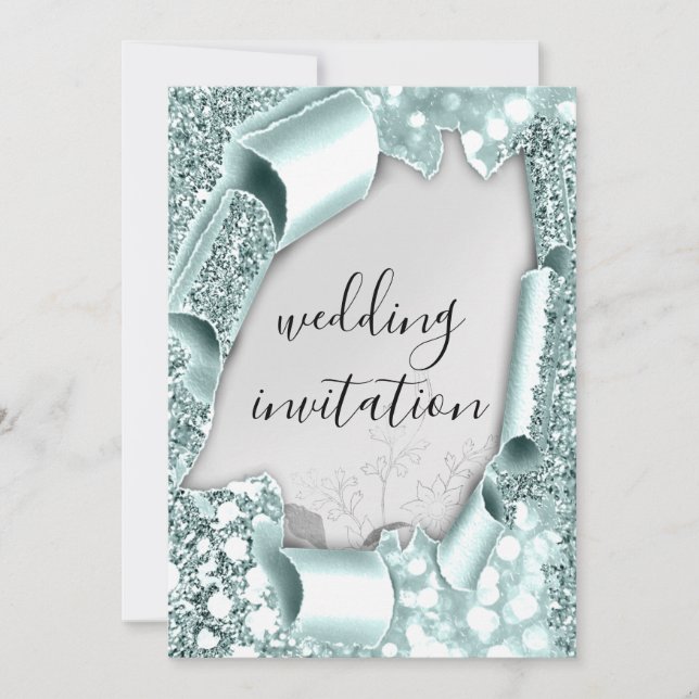 Invitation Mariage 3D, effet cadre Florals Argent Aqua Mint (Devant)