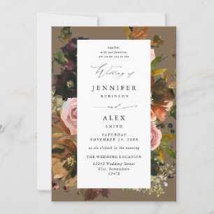 Invitation Mariage 4 Taupe Rustique or, violet et rose