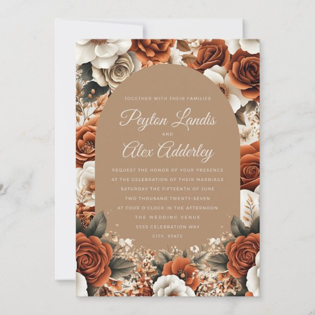Invitation Mariage à arc floral en terre cuite Taupe (Devant)