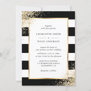 Invitation Mariage à bande blanche noire Confetti Or