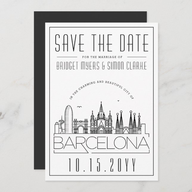 Invitation Mariage à Barcelone Skyline stylisé Enregistrez la (Devant / Derrière)
