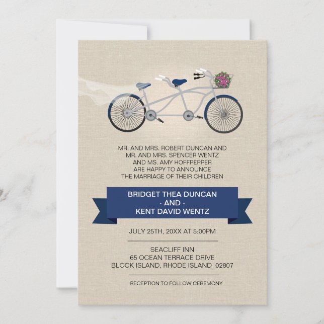 Invitation Mariage à bicyclette bleu foncé Faux Linen (Devant)