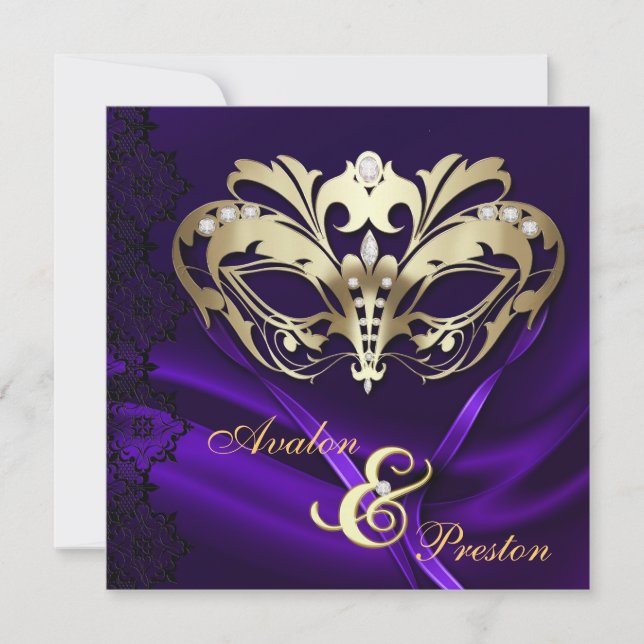 Invitation Mariage à bijoux mauve mascarade or (Devant)
