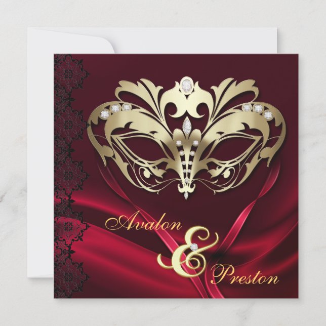 Invitation Mariage à bijoux rouges mascarade d'or (Devant)