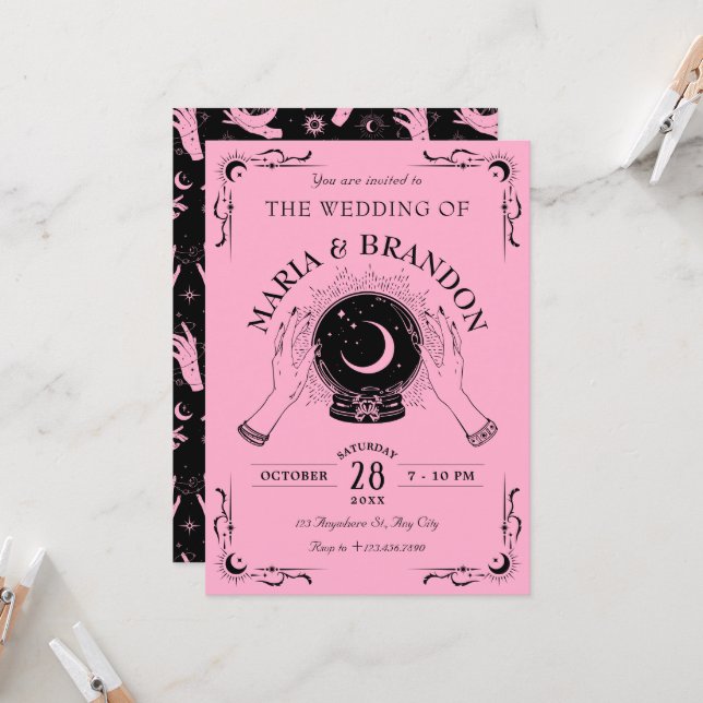 Invitation Mariage à bille en cristal de lune rose noire (Devant/Arrière en situation)
