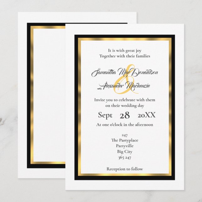 Invitation mariage à bordure simple en noir et or (Devant / Derrière)