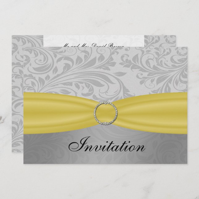 Invitation Mariage à boucle diamante jaune gris FAUX (Devant / Derrière)