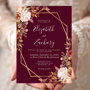Invitation Mariage à cadre doré et floral automnal aquarelle 