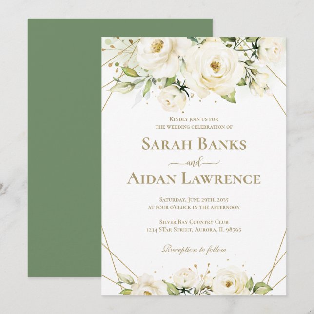 Invitation Mariage à cadre or rose blanche (Devant / Derrière)
