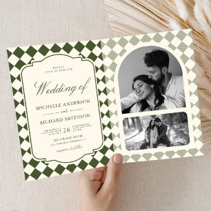 Invitation Mariage à carreaux vert olive ivoire à l'ancienne