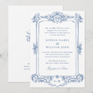 Invitation Mariage à charpente florale Bleu Victorien Orné Gr