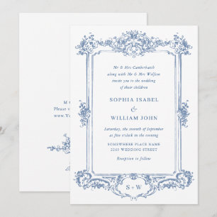 Invitation Mariage à charpente florale Bleu Victorien Orné Gr