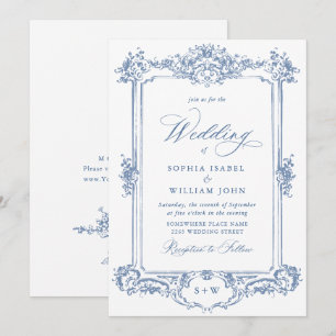 Invitation Mariage à charpente florale Bleu Victorien Orné Gr