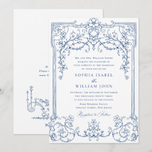 Invitation Mariage à charpente florale Bleu Victorien Orné Gr
