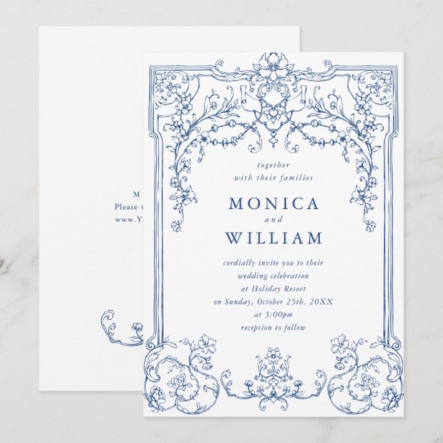 Invitation Mariage à charpente florale Bleu Victorien Orné Gr (Devant / Derrière)