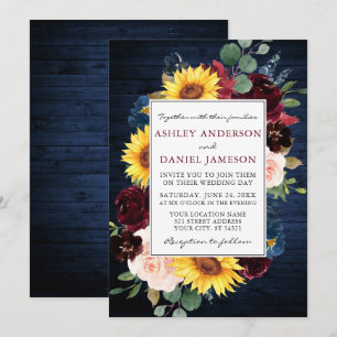 Invitation Mariage à charpente florale mixte en bois bleu rus
