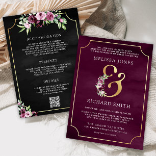 Invitation Mariage à code QR esperluette florale prune rose e