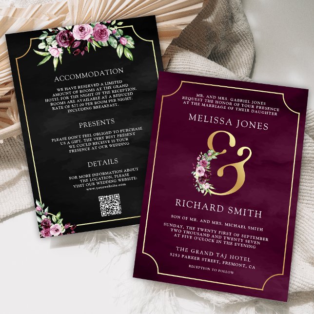 Invitation Mariage à code QR esperluette florale prune rose e (Créateur téléchargé)