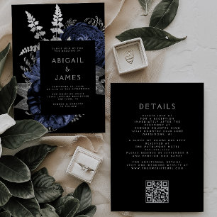 Invitation Mariage à code QR Floral foncé Bleu marine Argent