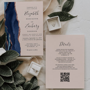 Invitation Mariage à code QR Rose Gold et Agate Bleu Marine