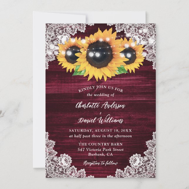 Invitation Mariage à cordes de tournesol bordeaux (Devant)