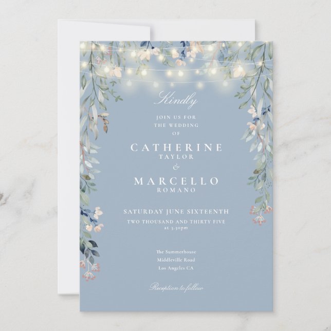 Invitation Mariage à cordes Fleurs sauvages bleu Dusty (Devant)