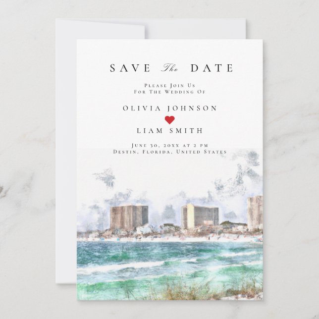 Invitation Mariage à Destin Floride Aquarelle Enregistrer la  (Devant)