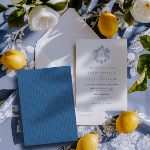 Invitation Mariage à dos rayé avec blason floral bleu élégant