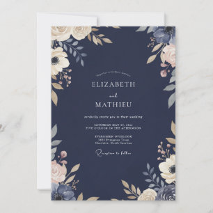 Invitation Mariage à feuillage peint indigo de minuit