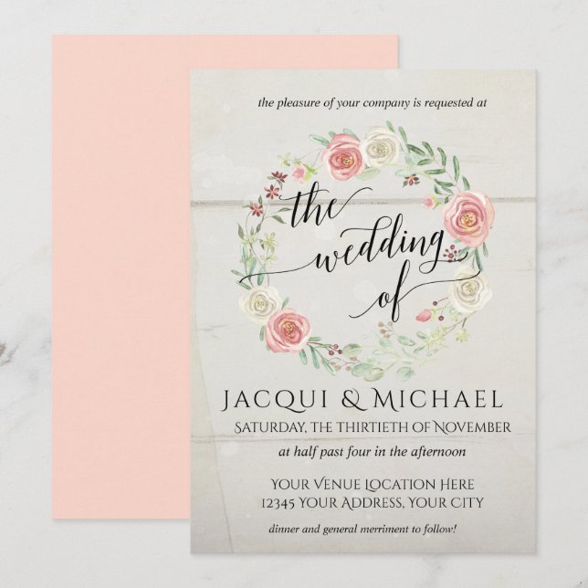 Invitation Mariage à feuilles Roses rousses en ivoire en bois (Devant / Derrière)