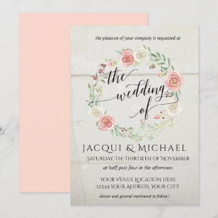 Invitation Mariage à feuilles Roses rousses en ivoire en bois