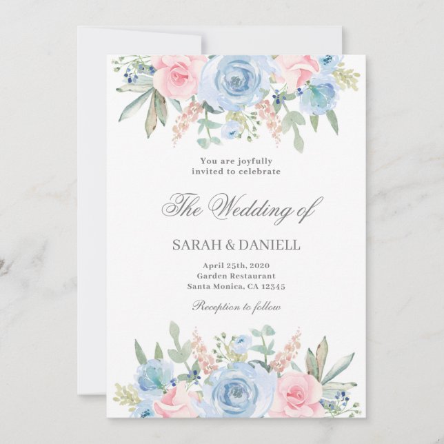 Invitation Mariage à fleurs bleu et rose (Devant)