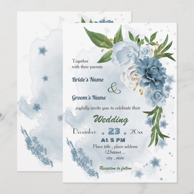 Invitation mariage à fleurs bleu romantique (Devant / Derrière)
