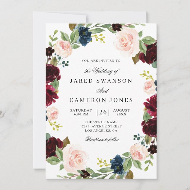 Invitation mariage à fleurs de Bourgogne élégant (Devant)