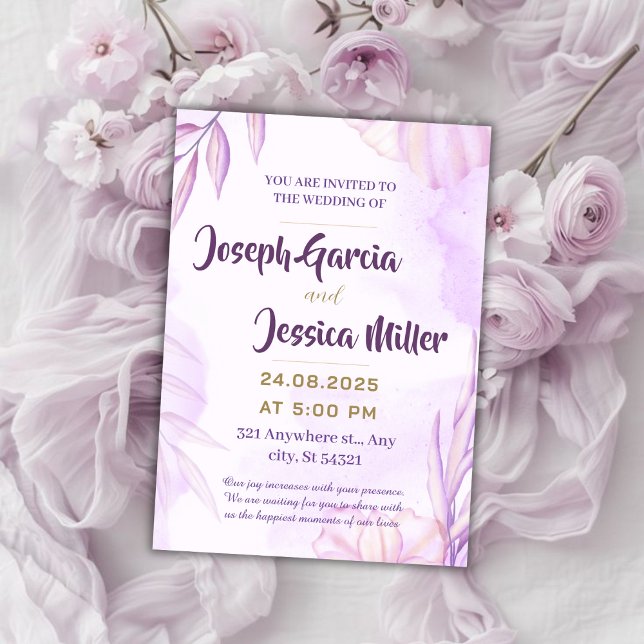 Invitation Mariage à fleurs élégantes en rose, couleur violet (Créateur téléchargé)