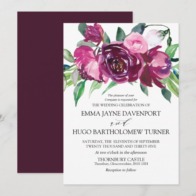 Invitation Mariage à fleurs magenta et rose (Devant / Derrière)